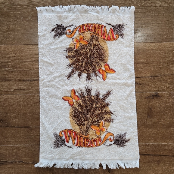 Vtg Cannon USA "wheat" and butterflies kitchen bath hand towel 70s hippie earthy - Picture 2 of 9